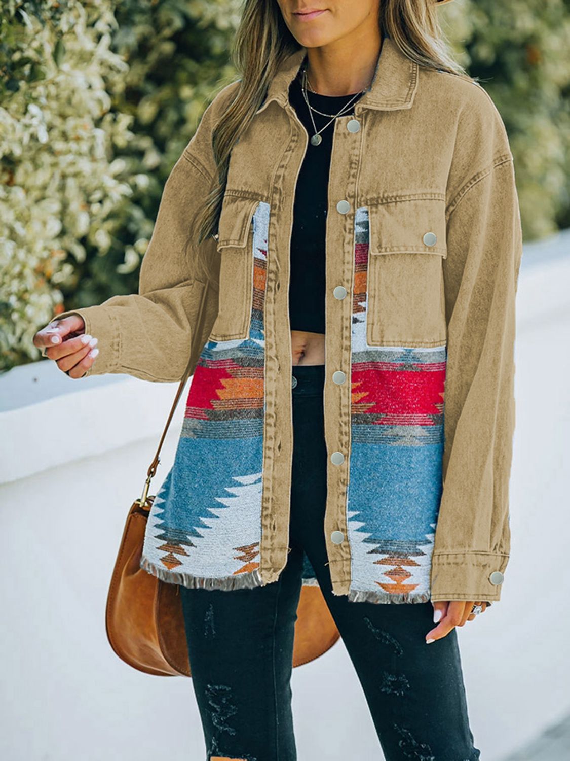 Dropped Shoulder Long Sleeve Tribal Printed Denim Jacket