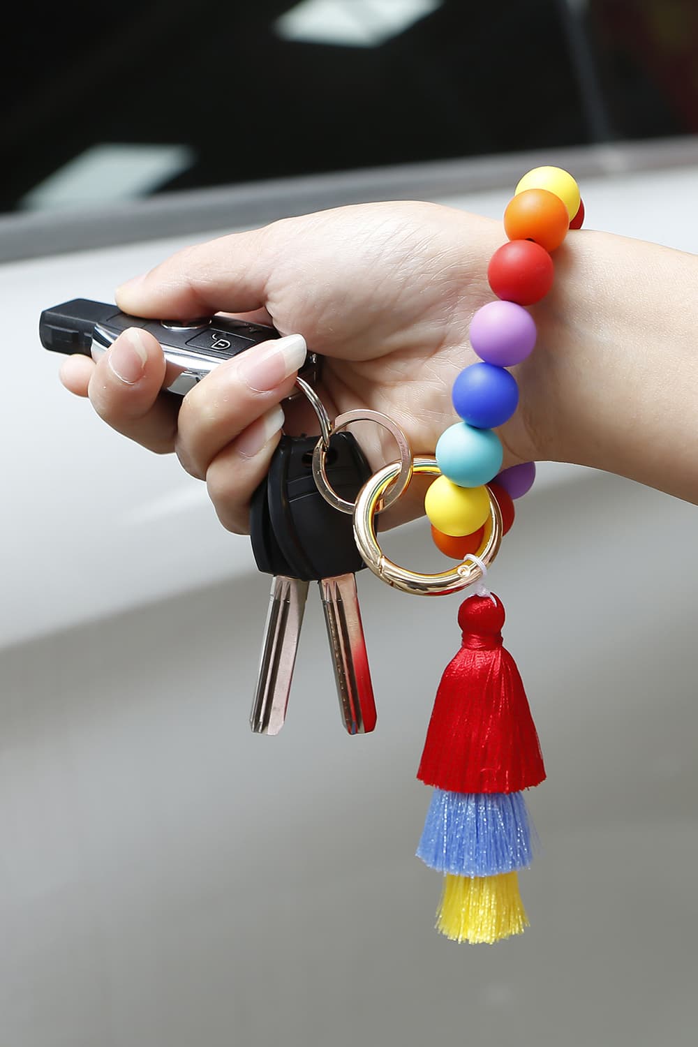 Bead Wristlet Keychain with Layered Tassels