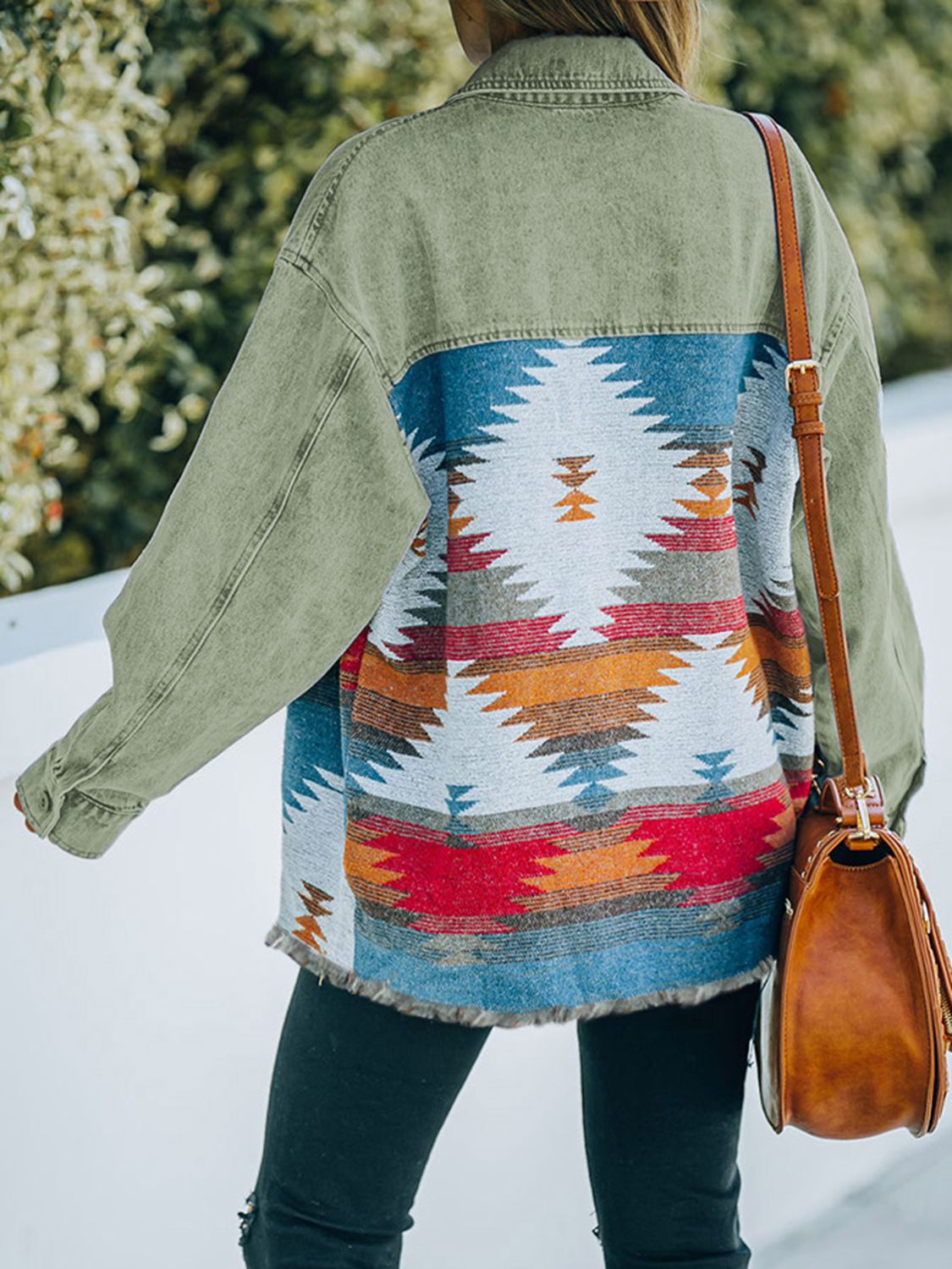 Dropped Shoulder Long Sleeve Tribal Printed Denim Jacket