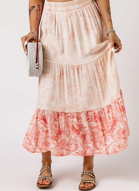 Floral Color Block Tiered Skirt