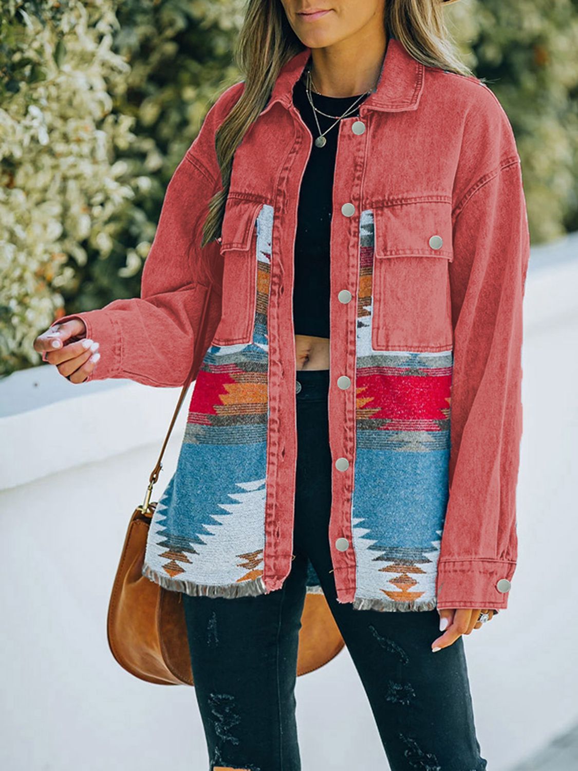 Dropped Shoulder Long Sleeve Tribal Printed Denim Jacket