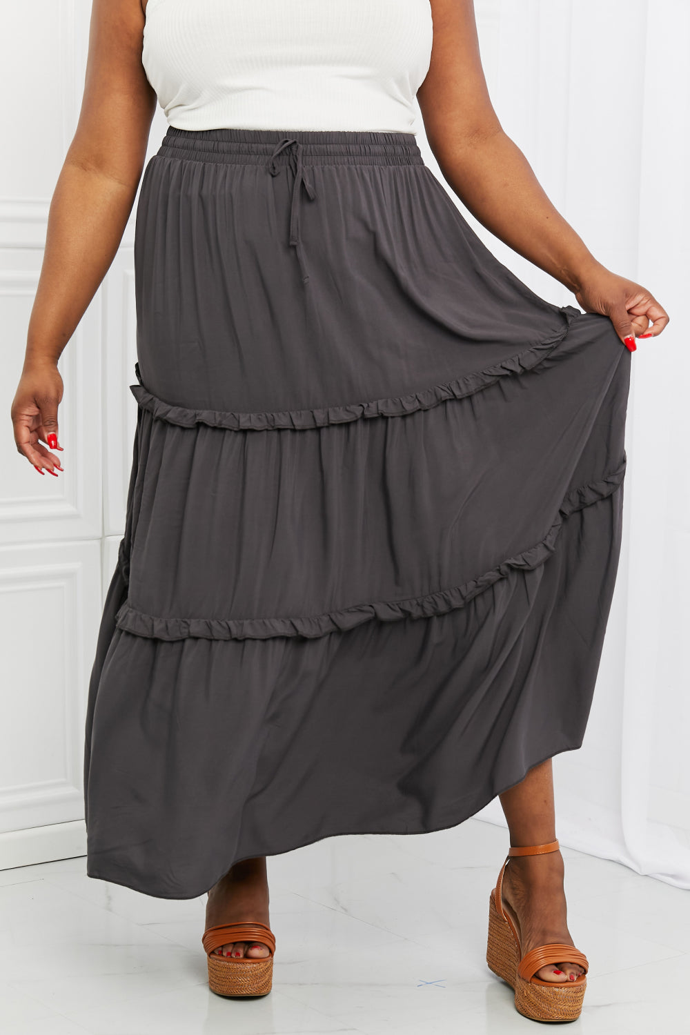 Zenana Summer Days Full Size Ruffled Maxi Skirt in Ash Grey