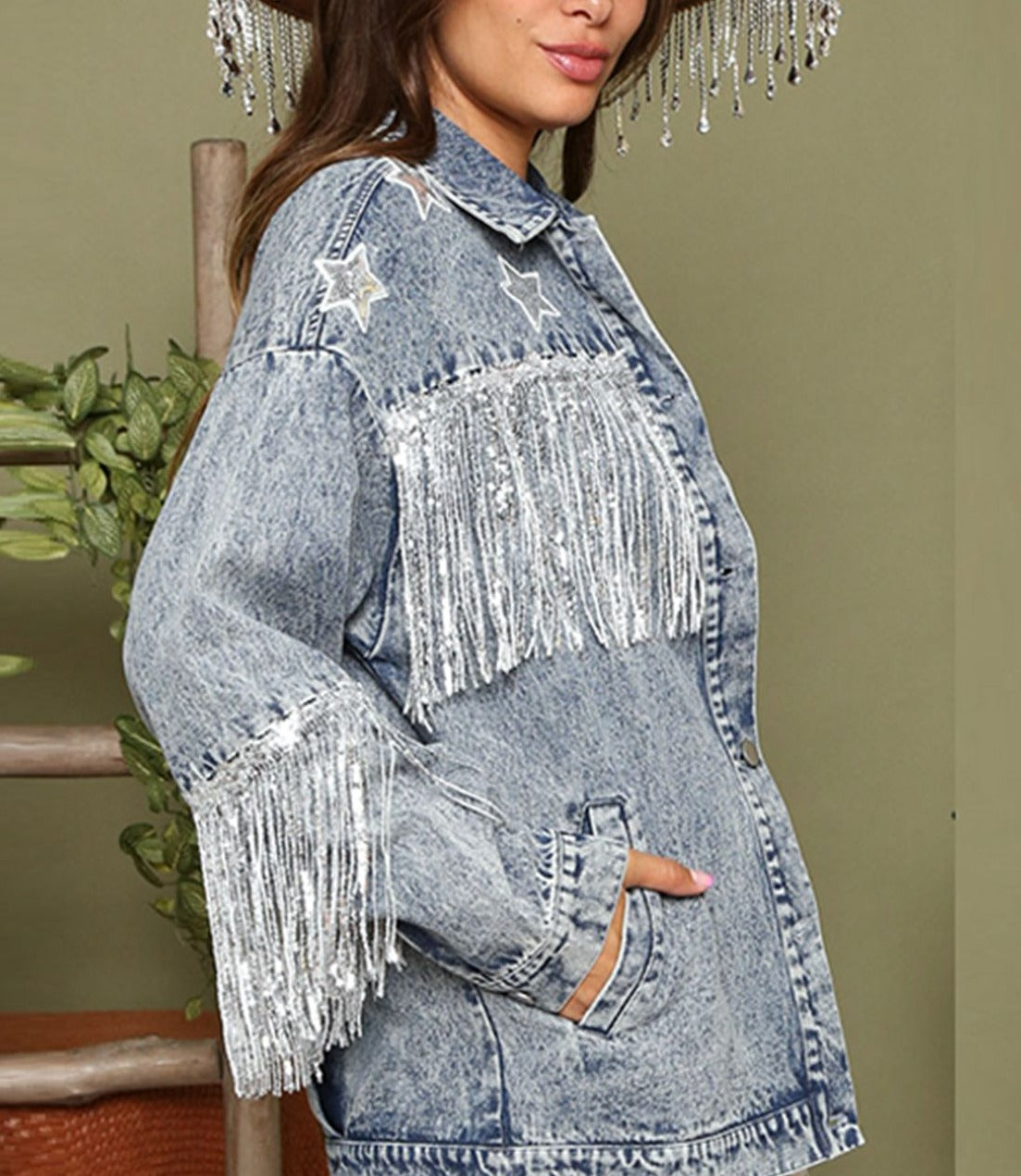 Fringe Detail Long Sleeve Denim Jacket