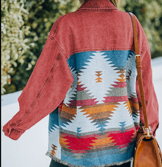 Dropped Shoulder Long Sleeve Tribal Printed Denim Jacket